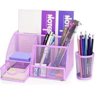 Flexzion Schreibtisch-Organizer, violettes Metallgeflecht, Büro-Schreibtisch-Zubehör, Organizer, Schreibtisch-Zubehör-Set für Damen, Herren, Studenten, 6 Fächer mit Schublade und Stifthalter,