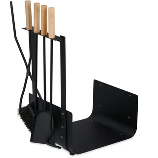 Relaxdays Kaminholzkorb Metall, mit Kaminbesteck, Schaufel, Besen, Zange & Schürhaken, für innen, modern, schwarz,