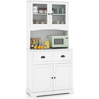 COSTWAY Küchenschrank, Hochschrank mit 2 Schubladen, Arbeitsplatte, 2 Schränken, Buffetschrank mit verstellbaren Ablagen, Kippschutz 80x40x170cm Weiß - Weiß