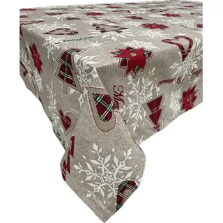 1KDreams Weihnachtstischdecke Weihnachtsbäume, Herzen und Schneeflocken. Tischdecke Modern Shabby Chic (Beige, 130x180 cm)