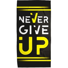 Bedrucktes Fitness-Handtuch aus Mikrofaser, schwarz, gelb, Never Give Up Hantelbank, Fitnessstudio, schnelltrocknend, Sport, rutschfest, 50 x 100 cm