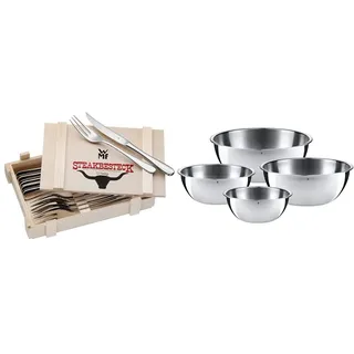 WMF Steakbesteck 12-teilig Steakbesteck Set für 6 Personen, Steakmesser, Steakgabel, Grillbesteck in Holzkiste & Gourmet Schüsselset 4-teilig Edelstahl Schüsseln für die Küche 0,75l - 2,75l, Cromargan