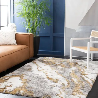 SAFAVIEH Zottelig Teppich für Wohnzimmer, Esszimmer, Schlafzimmer - Horizon Shag Collection, Kurzer Flor, Grau und Gold, 91 X 152 cm