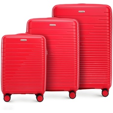 WITTCHEN FUERTA Line Kofferset Hartgepäck Erweiterbar Koffer Gepäck aus Polypropylen mit glänzenden Riemen 4 Doppel Lenkrollen Aluminium Teleskopgriff TSA Schloss Größe (S+M+L) Rot