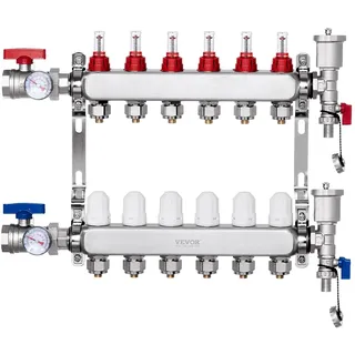 Vevor 6-Zweig-Wärmeverteilungsverteiler 1/2-Zoll-PEX-Rohrverteiler Edelstahl für hydronische Fußbodenheizung
