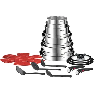 Tefal Ingenio Emotion Edelstahl Pfannen- und Topfset 22-teilig mit 9 Pfannen, 3 Glasdeckeln, 2 abnehmbaren Griffen, 4 Trennern, Küchenhelfern, spülmas - Silber