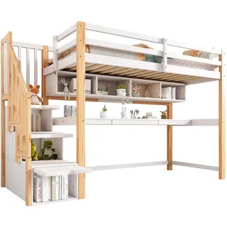 Stilvora Hochbett 90/200 cm in Weiß & Eichefarben Kinderbett mit Schreibtisch, Regal und Treppenstauraum , Naturfarben , Holz , 90x200 cm , Babymöbel & Kindermöbel, Kinderzimmer & Jugendzimmer, Kinderbetten, Hochbetten