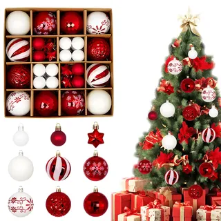 44 Stück Weihnachtskugeln,Weihnachtsbaumschmuck,Baumschmuck Weihnachten,Baumkugeln Weihnachten,Weihnachtsdeko Kugeln,Weihnachts Kugel,Christmas Baubles(Rot Weiß)