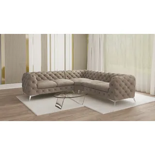 S-STYLE MÖBEL - Chesterfield Ecksofa Cleo mit Silber Metall Füßen aus Dunkle Creme Samtstoff, B/T/H: 264 cm / 264 cm / 75 cm - Schwarz