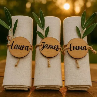 Runder Serviettenring Aus Holz Mit Namensgravur, Personalisierte Tischkarte Gravur, Anhänger Naturholz Hanfseil-Verzierung for Hochzeiten, Jubiläen Und Weihnachten(30pcs)