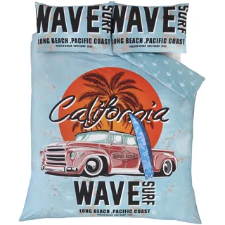 Rapport Bettbezug-Set, Rentro, California Surf Board on a Beach with Palm Tree & Vintage Car, Blau, Duck Egg, Double