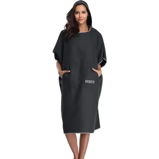 FLYILY Microfaser Surf Poncho Handtuch mit Kapuze Bademantel zum Schwimmen und Strand wechseln Einheitsgröße Alle Erwachsenen(Black,L)