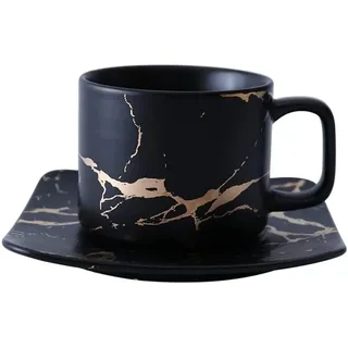 VollfitYYu 280ml Cappuccino Tassen Set,Marmor Kaffeetasse mit Untertasse Espressotasse Porzellan Teetasse mit Unterteller Kaffeeservice für Zuhause Büro Party Café (Schwarz)