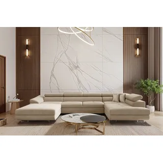 Fun Möbel Wohnlandschaft Schlafsofa Sofa CARMELO in Stoff Nova Beige Ottomane Links - Beige