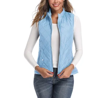 LONGKING Damen Weste Leicht Stehkragen Weste Steppweste mit Reißverschluss Ärmellose Oberteile Tops Coat Jacke Outdoor Hellblau M