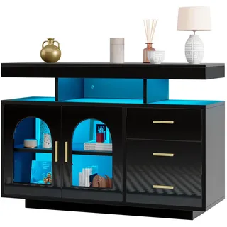 Beaok Sideboard 120/40/80 cm mit 2 Türen, 3 Schubladen & LED in Schwarz Hochglanz , Holzwerkstoff , 120x80x40 cm , Kleinmöbel, Kommoden, Sideboards