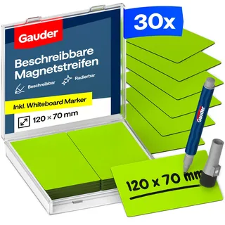 GAUDER Magnetetiketten beschreibbar - Wiederverwendbare Magnetschilder zum Beschriften für Whiteboard, Tafel, Kanban-Board und Kühlschrank - Magnetkarten mit Marker (30 Stück - 120 x 70 mm)