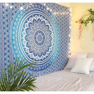 Wandteppich Mandala Hippie Wandtuch Blau - 213X137 cm - Omber Dekorativer Twin Böhmischer Boho Wandbehang Tapisserie Goa Wandtuch Tapestry für Wohnzimmer Dekor, Schlafzimmer wandteppiche