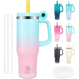 BOGI 40oz Thermobecher mit Strohhalm und Henkel, 1200ml Kaffeebecher To Go mit Deckel Edelstahl Isolierbecher mit Griff Auslaufsicher Tumbler Cup Tragbare Autobecher Tumbler Becher Reisebecher