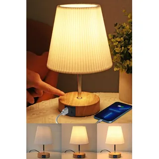 HSLighting Nachttischlampe Touch Dimmbar Lampe Wohnzimmer Tischlampe mit Ladefunktion USB A+C Anschlüssen Steckdosen 2 LED Birnen Leinen-Lampenschirm Kleine Schreibtischlampe für Schlafzimmer Büro