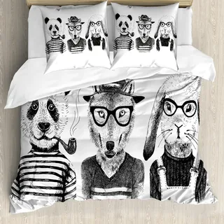 ABAKUHAUS Tier Bettbezug Set, Hipster Panda Bär Cigar Fuchs und Kaninchen in menschliche Kleidung Muster, 155 x 220 cm + 80 x 80 cm, Schwarz Weiß Grau