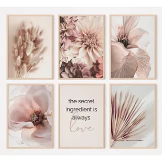 FAVELOT Poster Set A4, Wandbilder Wohnzimmer - Boho Bilder beige rosé, Bilder mit Sprüchen, Poster Blumen Pampas, Love 6x Din A4