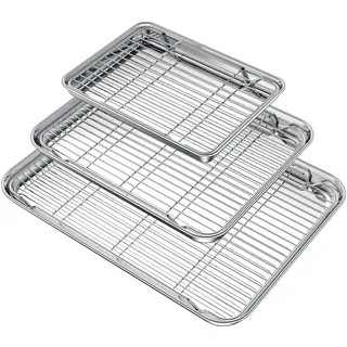 Wildone Backblech mit Gitter-Set (3 Pfannen + 3 Gestelle), Edelstahl-Backform mit Kühlgitter, ungiftig, strapazierfähig und leicht zu reinigen