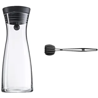 WMF Basic Wasserkaraffe aus Glas, 1 Liter, Glaskaraffe mit Deckel, Silikondeckel, CloseUp-Verschluss & Basic Flaschenbürste lang 41 cm, Reinigungsbürste mit 6 weichen Reinigungsschwämmen