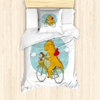 ABAKUHAUS Dinosaurier-Fahrrad Bettbezug Set für Einzelbetten, Glückliche Reisende, Milbensicher Allergiker geeignet mit Kissenbezug, 135 cm x 200 cm - 80 x 80 cm, Mehrfarbig