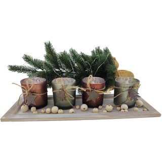 MC-Trend Teelichthalter mit 4 Gläsern und Deko Holzperlen in braun und grün 40 cm Weihnachtsdeko aus Holz & Glas Tischdekoration Adventskranz Kerzen Weihnachten Tannenbaum Stern