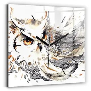 Wallfluent Wanduhr – Stilles Quarzuhrwerk - Uhr Dekoration Wohnzimmer Schlafzimmer Küche - Zifferblatt mit Striche - schwarze Zeiger - 30x30 cm - Eule Symbol der Weisheit - Braun