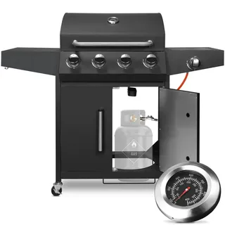 Gasgrill 4+1 Brenner - BBQ Grillwagen - Leistung 52.000 BTU, Große Grillfläche, Erdgas, Edelstahl, Sauerstoffmangel-Sicherheit, Porzellanemaillierung - Schwarz
