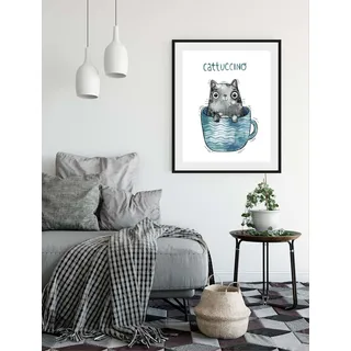 Queence »Cattucino« Humor Kaffee Kaffee bild(er): Katze Schriftzug 1 Stk. tlg. HD Premium Poster-Druck inkl. Holzrahmen,