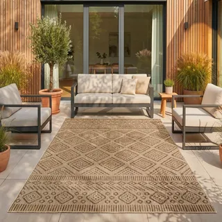SIMPEX Outdoor Teppich Beige Jute Optik 280x370 cm Balkon Terrasse Garten Wetterfest UV-beständig XXL Extra Groß Rauten Design Flachgewebe Pflegeleicht Robust Modern
