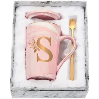Joymaking Personalisierte Tasse mit Buchstaben Kaffeetasse mit Blumen Motiv, Namen Initiale persönliche Geschenke Kaffeetasse für Frauen Freundin, S - 400ml Rosa