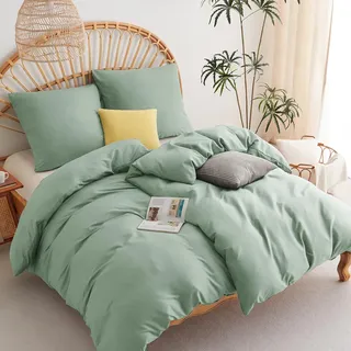 WAVVE Bettwäsche 135x200 4teilig Salbeigrün - 2 Bettbezüge 135 x 200 cm mit 2 Kissenbezüge 80x80 cm, ÖKO-TEX Bettwäsche-Sets aus Mikrofaser mit Reißverschluss Weich