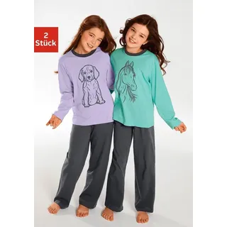 VIVANCE Pyjama 2 Stück, 4 tlg. Oberteile in schönen Farben mit Tierdruck, bunt
