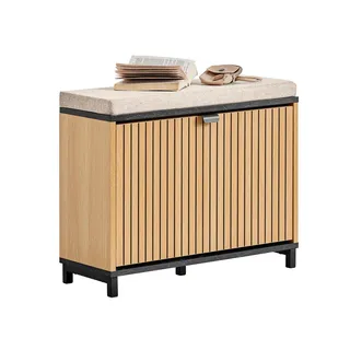 SoBuy Schuhbank Holzoptik & Schwarz mit Marmor , Naturfarben , Holzwerkstoff , 60x50x24 cm , Garderobe, Garderobenbänke, Schuhbänke