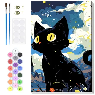 Lxmsja Katze Malen Nach Zahlen Erwachsene mit Rahmen, Malen Nach Zahlen Starry Night, Diy Set Erwachsene mit Pinseln und Acrylfarben Handgemalt Ölgemälde Leinwand für Home Décor, 20x30cm