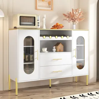 Merax Sideboard mit Glasfronten und Weinregal, Kommmode mit Schubladen und verstellbarer Fuß, Stauraum, Wohnzimmer, modern, Gold Akzente, Weiß - Weiß