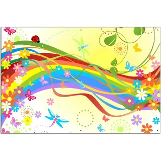 Wallario Outdoor-Poster für Garten oder Balkon, Motiv Regenbogen im Sommer - Bienchen und Blümchen, in ca. 61 x 91,50 cm - Weiß