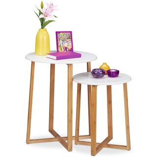 Relaxdays Beistelltisch 2er Set, runde Satztische, 48,5 & 60,5 cm hoch, modernes Design, Wohnzimmertisch, Natur/weiß