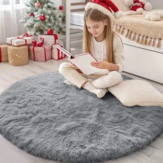 Homaxy Hochflor Waschbar Klein Teppich Wohnzimmer 120 cm Rund, Grau