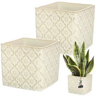 KOTARBAU® Keramik Blumentopf quadratisch Vintage Creme 13x13cm H: 13cm glasierte Keramik 2 St. Blumentopf viereckig Pflanzkübel quadratisch drinnen Pflanzgefäß Blumentöpfe Kerami