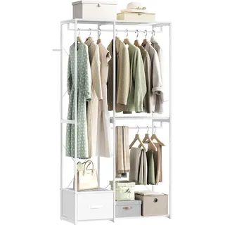 WOLTU Kleiderständer, mit 2 Kleiderstangen, 4 Ablagen und 1 Stoffschublade | Garderobenständer aus Metall, bis 150 kg belastbar, für Schlafzimmer Wohnzimmer, 100x40x192 cm, Weiß
