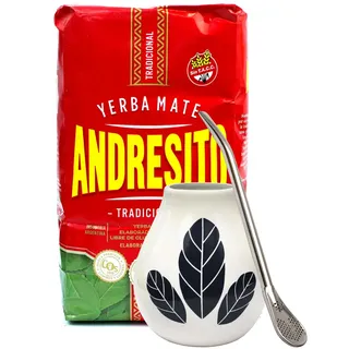 Argentinien Yerba Mate-Tee Set●Keramik Mate-Tee Becher 350ml●Mittelstarker argentinischer mate Andresito 500g●Edeltahl trinkhalm bombilla●Mate-Trinkgefäß● Mateblätter und Stöcke●