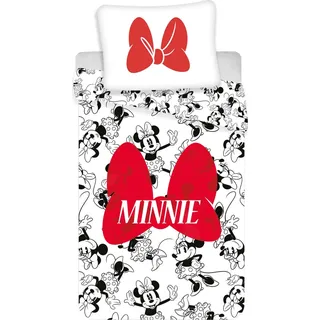 Leinen Minnie rote Schleife 140x200, 70x90 cm - Rot, Schwarz, Weiß