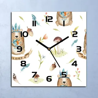 Wanduhr Echt-Glas-Küchenuhr Träumende Bären Quarz Lautlos 30x30 Deko Bilder - Braun