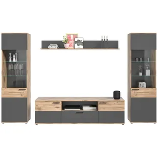 inn.furn Wohnwand, Eiche, Grau, Kunststoff, Nachbildung,Eiche, Uni, Holz Optik, 12 Fächer, Rechteckig, 338x200x47 cm, FSC Mix, Wohnzimmer, Wohnwände, Wohnwand-Sets
