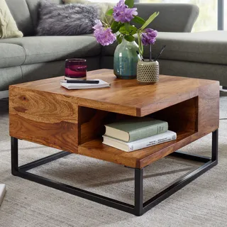 FineBuy Couchtisch 60x60x34,5 cm Sheesham Massivholz / Metall Sofatisch Eckig Wohnzimmertisch mit Stauraum Kaffeetisch Massiv Kleiner Tisch - Braun